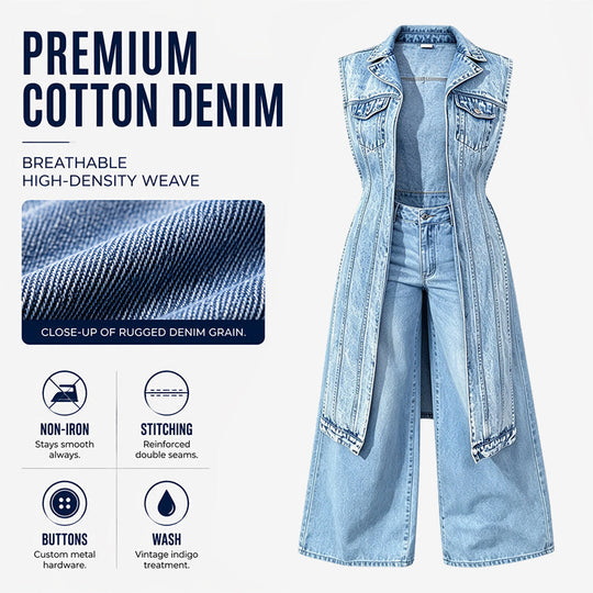 🎉50% OFF! 🧥Women Sleeveless High Slit Denim Vest Dress – Patchwork Longline Jean Waistcoat ✨
