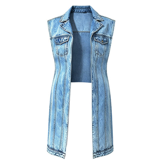 🎉50% OFF! 🧥Women Sleeveless High Slit Denim Vest Dress – Patchwork Longline Jean Waistcoat ✨