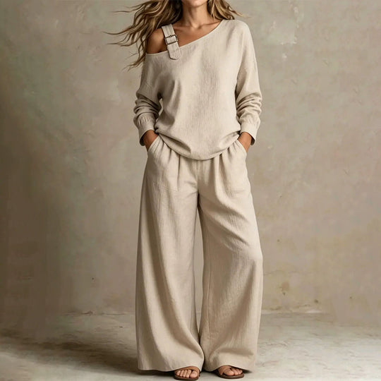🔥Bestseller🔥 Off-shoulder Wide-leg Two-piece Set, Made Of Soft Blended Fabric, Creating An Elegant Dilhouette.