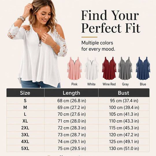 Must-Have🔥 Lace Cold Shoulder Top with Zipper – Edgy Detail &amp; Breathable Fabric for Effortless Style ✨
