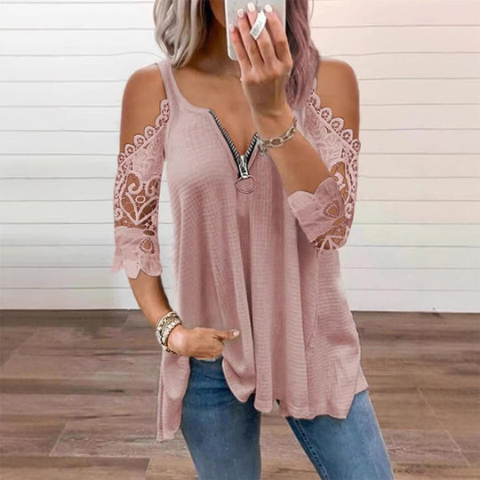 Must-Have🔥 Lace Cold Shoulder Top with Zipper – Edgy Detail &amp; Breathable Fabric for Effortless Style ✨