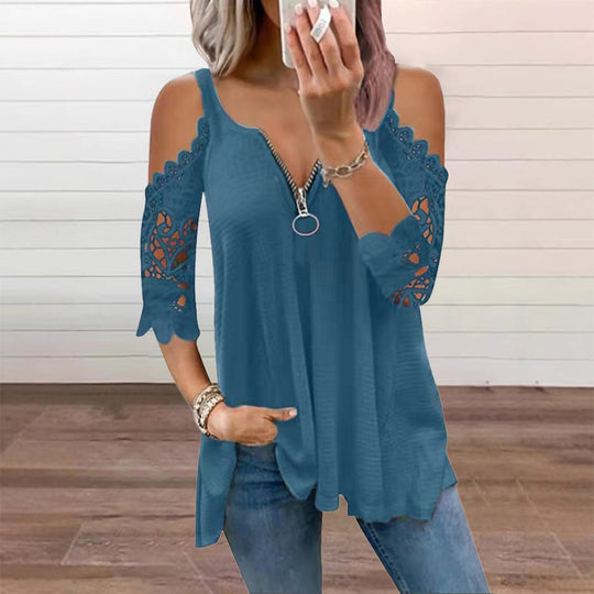 Must-Have🔥 Lace Cold Shoulder Top with Zipper – Edgy Detail &amp; Breathable Fabric for Effortless Style ✨