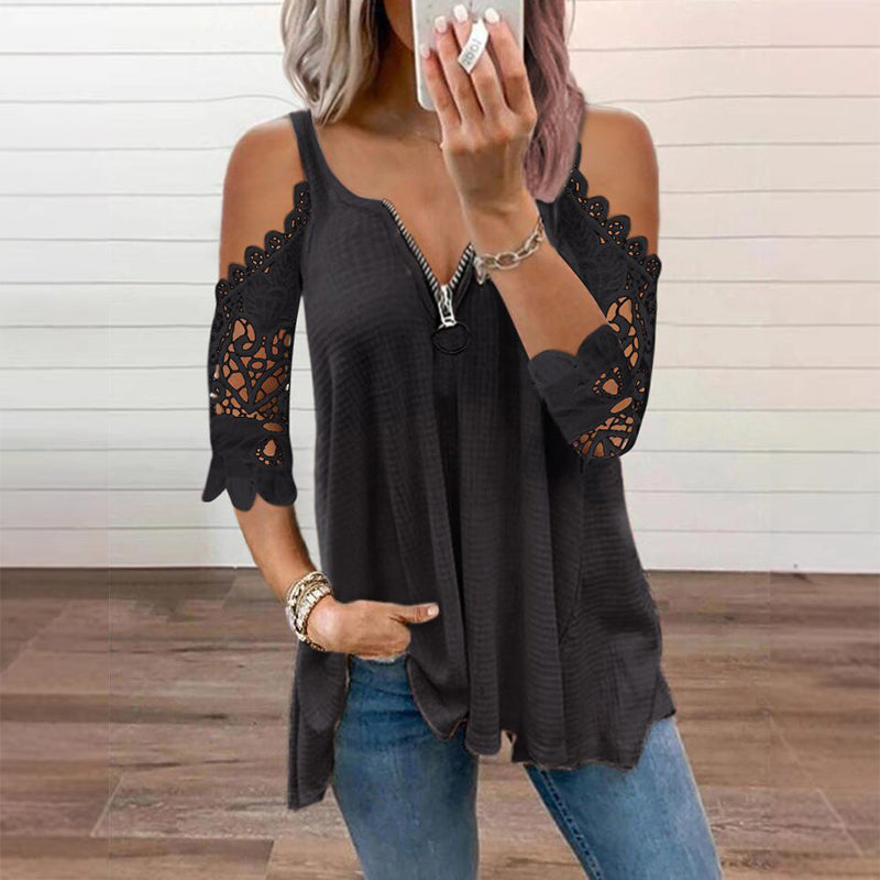 Must-Have🔥 Lace Cold Shoulder Top with Zipper – Edgy Detail &amp; Breathable Fabric for Effortless Style ✨