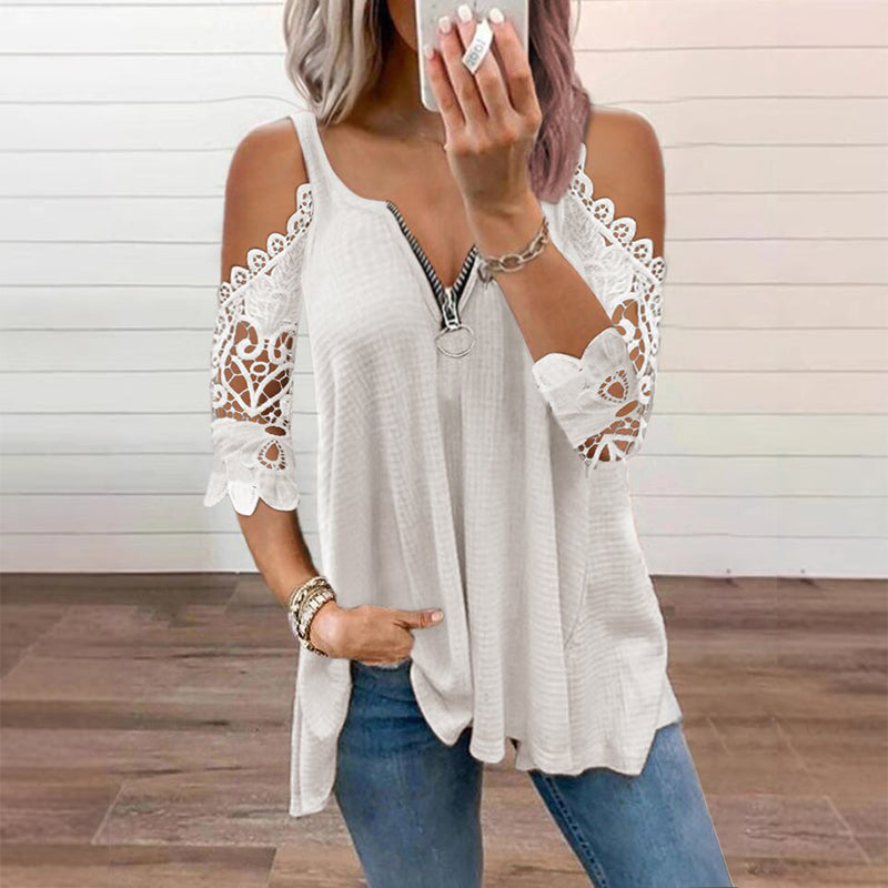 Must-Have🔥 Lace Cold Shoulder Top with Zipper – Edgy Detail &amp; Breathable Fabric for Effortless Style ✨