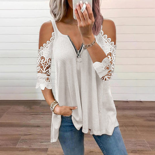 Must-Have🔥 Lace Cold Shoulder Top with Zipper – Edgy Detail &amp; Breathable Fabric for Effortless Style ✨