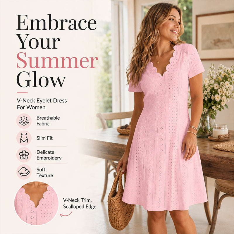 👗Top Pick - V-Neck Eyelet Dress with Scallop Trim – Lightweight &amp; Romantic for Garden Parties or Brunch 🌿