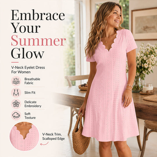 👗Top Pick - V-Neck Eyelet Dress with Scallop Trim – Lightweight &amp; Romantic for Garden Parties or Brunch 🌿