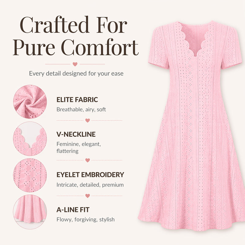 👗Top Pick - V-Neck Eyelet Dress with Scallop Trim – Lightweight &amp; Romantic for Garden Parties or Brunch 🌿