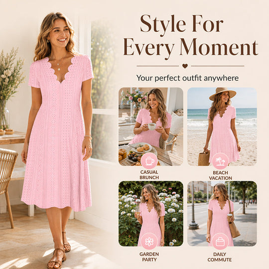 👗Top Pick - V-Neck Eyelet Dress with Scallop Trim – Lightweight &amp; Romantic for Garden Parties or Brunch 🌿