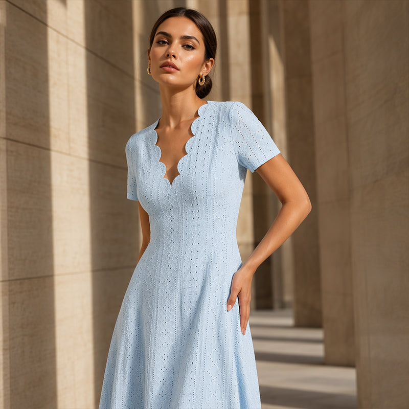 👗Top Pick - V-Neck Eyelet Dress with Scallop Trim – Lightweight &amp; Romantic for Garden Parties or Brunch 🌿