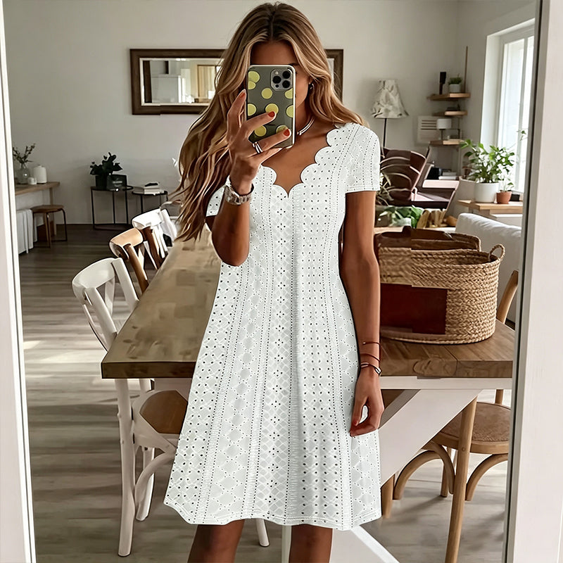 👗Top Pick - V-Neck Eyelet Dress with Scallop Trim – Lightweight &amp; Romantic for Garden Parties or Brunch 🌿
