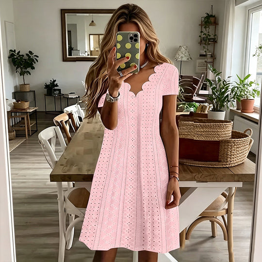 👗Top Pick - V-Neck Eyelet Dress with Scallop Trim – Lightweight &amp; Romantic for Garden Parties or Brunch 🌿