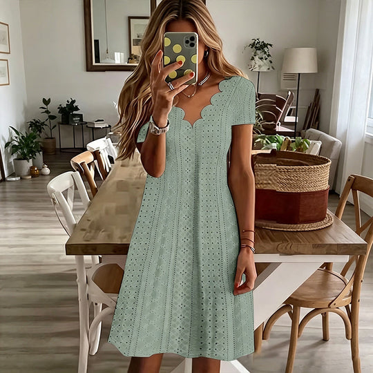 👗Top Pick - V-Neck Eyelet Dress with Scallop Trim – Lightweight &amp; Romantic for Garden Parties or Brunch 🌿