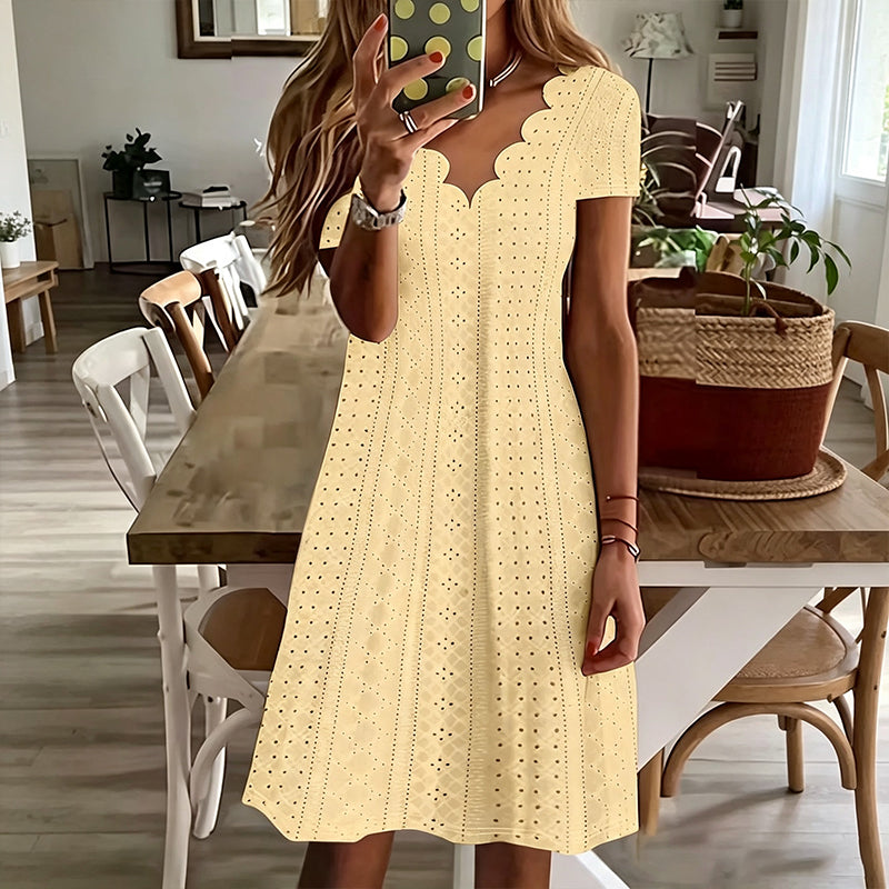 👗Top Pick - V-Neck Eyelet Dress with Scallop Trim – Lightweight &amp; Romantic for Garden Parties or Brunch 🌿