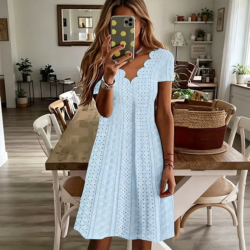 👗Top Pick - V-Neck Eyelet Dress with Scallop Trim – Lightweight &amp; Romantic for Garden Parties or Brunch 🌿