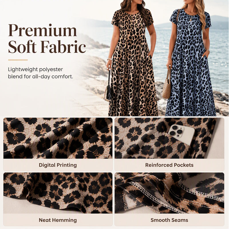 🏖️Summer Hot Sale 65% Off!💃Women's Leopard Print Maxi Dress with Pockets Casual Short Sleeve Long Dress