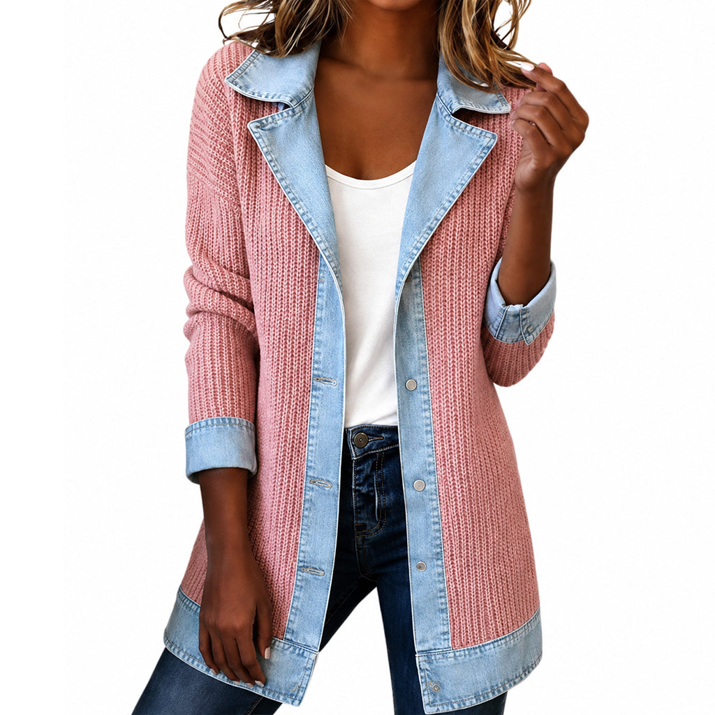 ⌛Limited-time offer-Women’s Elegant Denim Spliced Ribbed Knit Coat