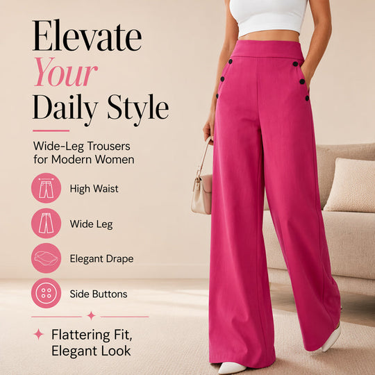 Trending Now⭐👖✨ High-Waisted Wide-Leg Pants with Side Buttons – Flattering Silhouette &amp; Unique Detail for Effortless Style