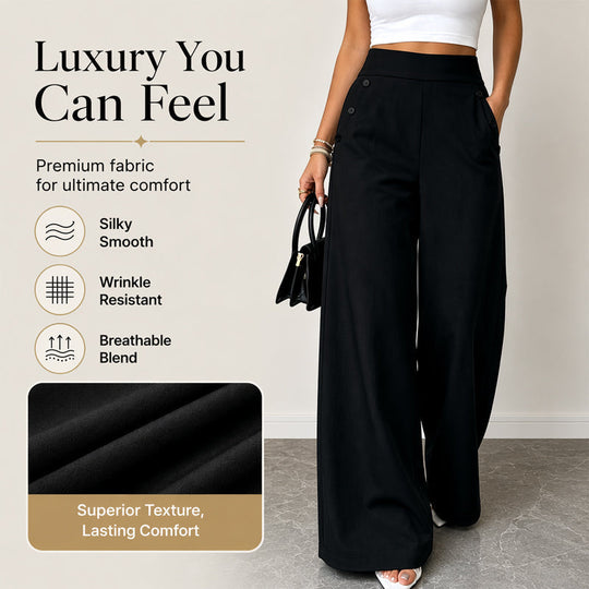 Trending Now⭐👖✨ High-Waisted Wide-Leg Pants with Side Buttons – Flattering Silhouette &amp; Unique Detail for Effortless Style