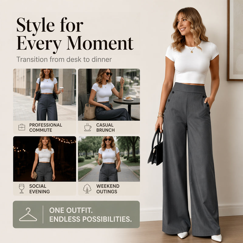 Trending Now⭐👖✨ High-Waisted Wide-Leg Pants with Side Buttons – Flattering Silhouette &amp; Unique Detail for Effortless Style
