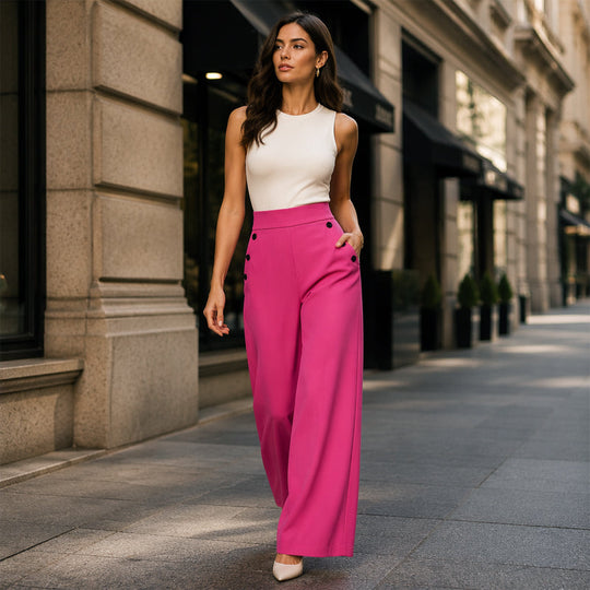 Trending Now⭐👖✨ High-Waisted Wide-Leg Pants with Side Buttons – Flattering Silhouette &amp; Unique Detail for Effortless Style