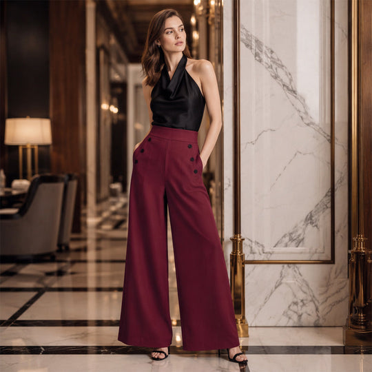 Trending Now⭐👖✨ High-Waisted Wide-Leg Pants with Side Buttons – Flattering Silhouette &amp; Unique Detail for Effortless Style