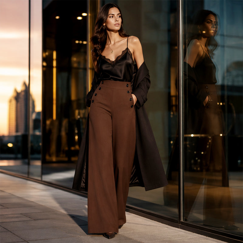 Trending Now⭐👖✨ High-Waisted Wide-Leg Pants with Side Buttons – Flattering Silhouette &amp; Unique Detail for Effortless Style