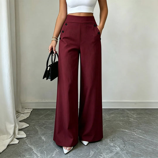 Trending Now⭐👖✨ High-Waisted Wide-Leg Pants with Side Buttons – Flattering Silhouette &amp; Unique Detail for Effortless Style