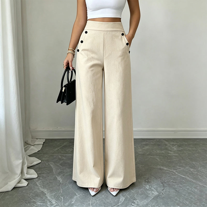 Trending Now⭐👖✨ High-Waisted Wide-Leg Pants with Side Buttons – Flattering Silhouette &amp; Unique Detail for Effortless Style