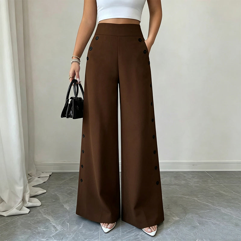 Trending Now⭐👖✨ High-Waisted Wide-Leg Pants with Side Buttons – Flattering Silhouette &amp; Unique Detail for Effortless Style