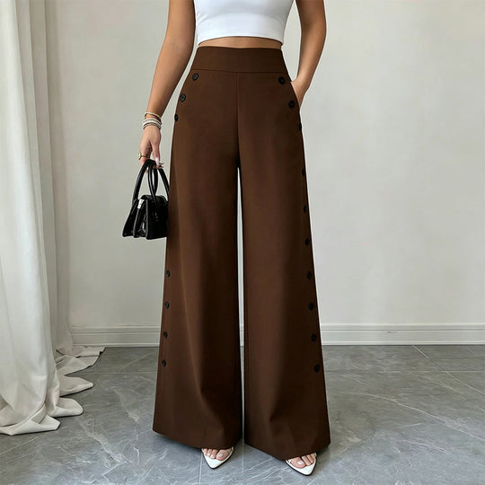 Trending Now⭐👖✨ High-Waisted Wide-Leg Pants with Side Buttons – Flattering Silhouette &amp; Unique Detail for Effortless Style