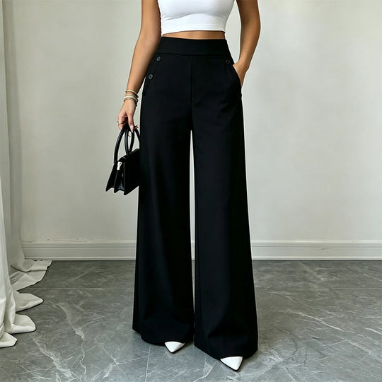 Trending Now⭐👖✨ High-Waisted Wide-Leg Pants with Side Buttons – Flattering Silhouette &amp; Unique Detail for Effortless Style