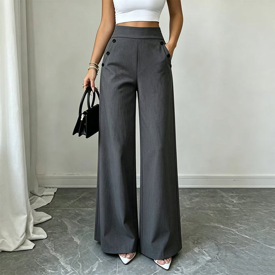 Trending Now⭐👖✨ High-Waisted Wide-Leg Pants with Side Buttons – Flattering Silhouette &amp; Unique Detail for Effortless Style