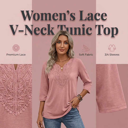 ☀️👚Top Pick - Lace-Trim V-Neck Blouse – Breathable Fabric &amp; Flattering Drape for Work or Weekend 🌿