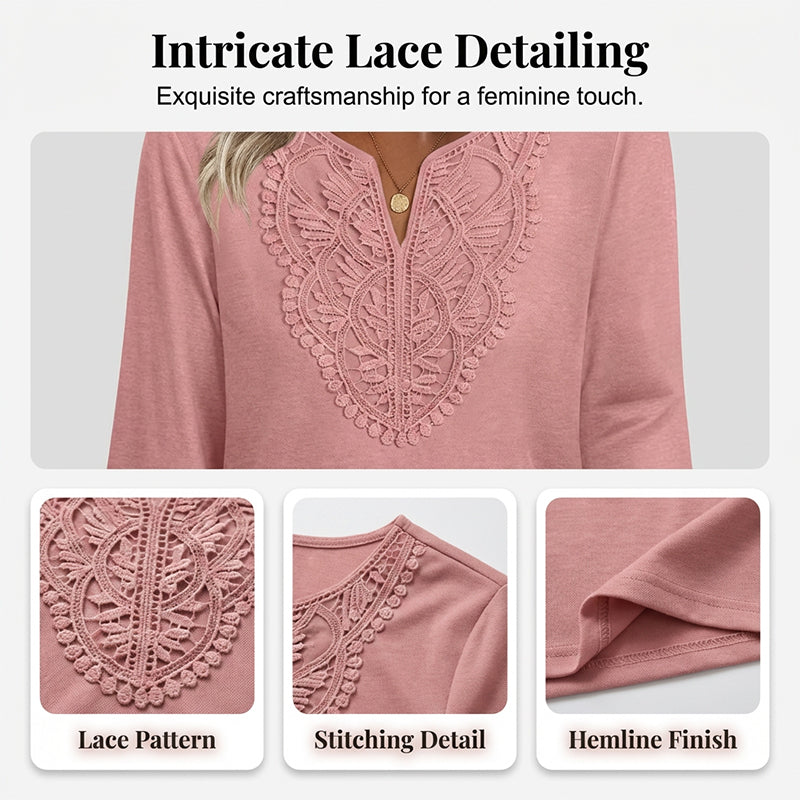 ☀️👚Top Pick - Lace-Trim V-Neck Blouse – Breathable Fabric &amp; Flattering Drape for Work or Weekend 🌿