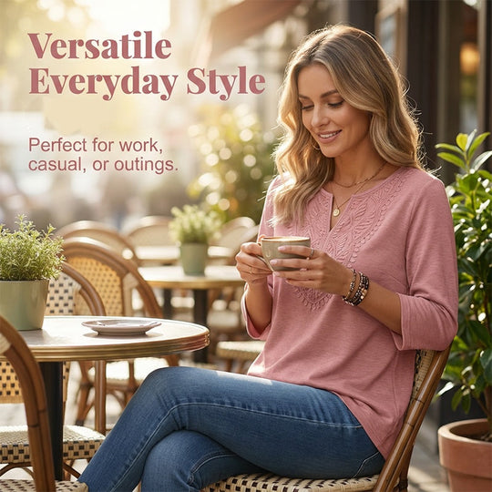 ☀️👚Top Pick - Lace-Trim V-Neck Blouse – Breathable Fabric &amp; Flattering Drape for Work or Weekend 🌿