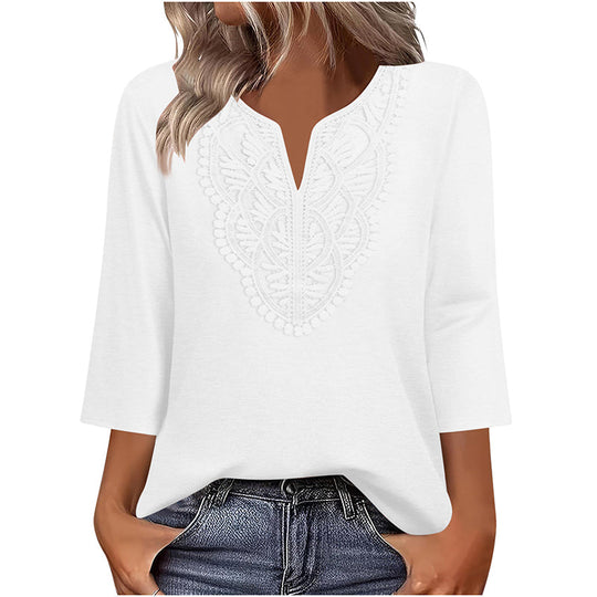 ☀️👚Top Pick - Lace-Trim V-Neck Blouse – Breathable Fabric &amp; Flattering Drape for Work or Weekend 🌿