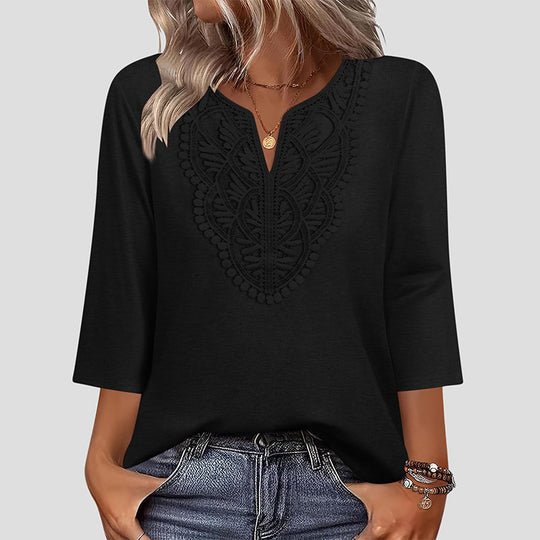 ☀️👚Top Pick - Lace-Trim V-Neck Blouse – Breathable Fabric &amp; Flattering Drape for Work or Weekend 🌿