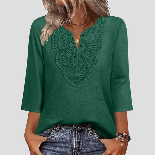 ☀️👚Top Pick - Lace-Trim V-Neck Blouse – Breathable Fabric &amp; Flattering Drape for Work or Weekend 🌿