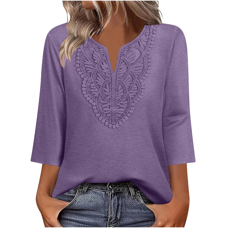 ☀️👚Top Pick - Lace-Trim V-Neck Blouse – Breathable Fabric &amp; Flattering Drape for Work or Weekend 🌿
