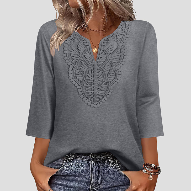 ☀️👚Top Pick - Lace-Trim V-Neck Blouse – Breathable Fabric &amp; Flattering Drape for Work or Weekend 🌿