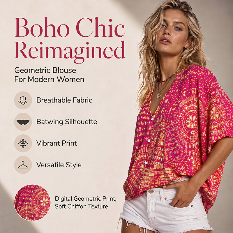 Trending Now⭐👚 Boho Print Batwing Sleeve Top – Flowing V-Neck &amp; Effortless Bohemian Style