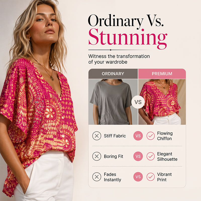 Trending Now⭐👚 Boho Print Batwing Sleeve Top – Flowing V-Neck &amp; Effortless Bohemian Style