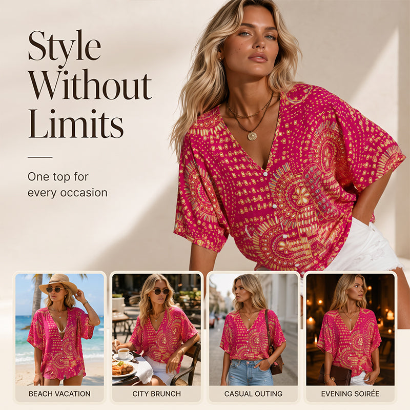 Trending Now⭐👚 Boho Print Batwing Sleeve Top – Flowing V-Neck &amp; Effortless Bohemian Style