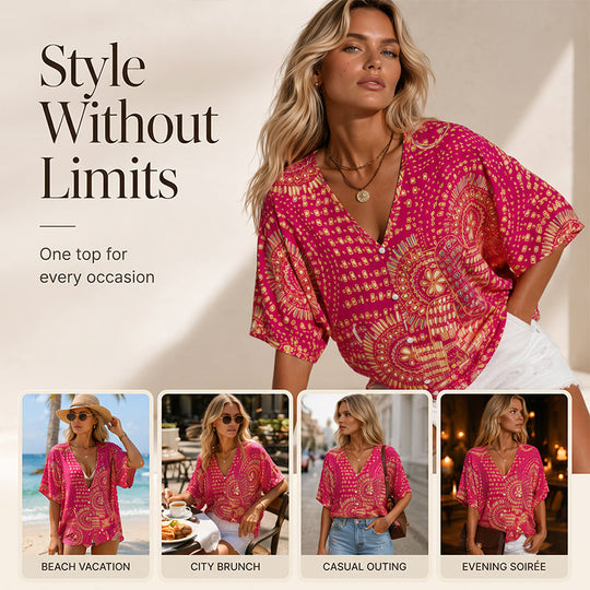 Trending Now⭐👚 Boho Print Batwing Sleeve Top – Flowing V-Neck &amp; Effortless Bohemian Style