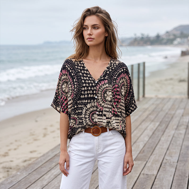 Trending Now⭐👚 Boho Print Batwing Sleeve Top – Flowing V-Neck &amp; Effortless Bohemian Style