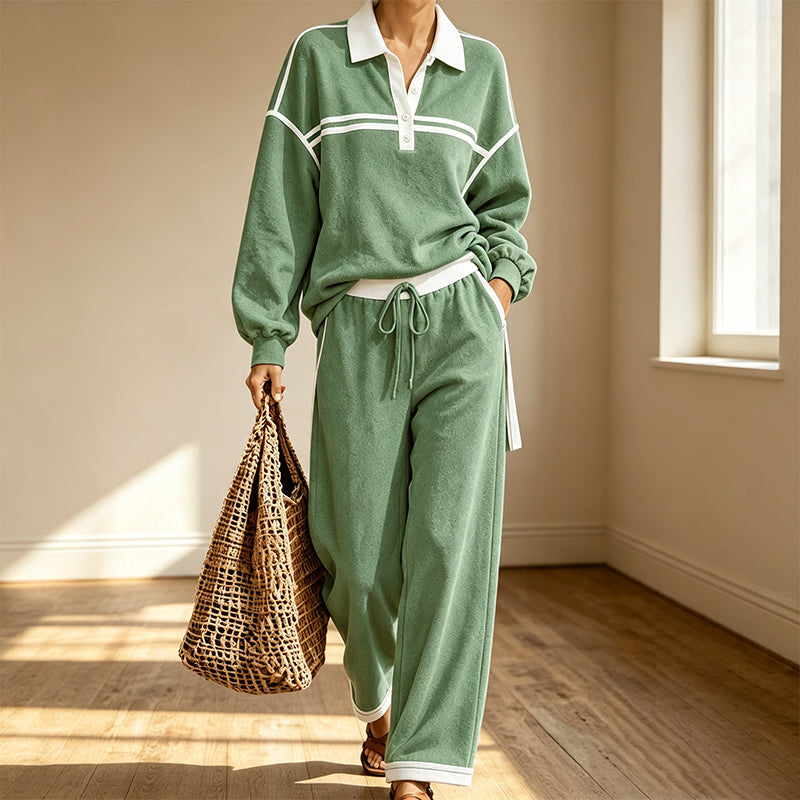 Trending Now👚👖 Striped Patchwork Hoodie &amp; Wide-Leg Pants Set – Relaxed 2-Piece for Effortless Street Style