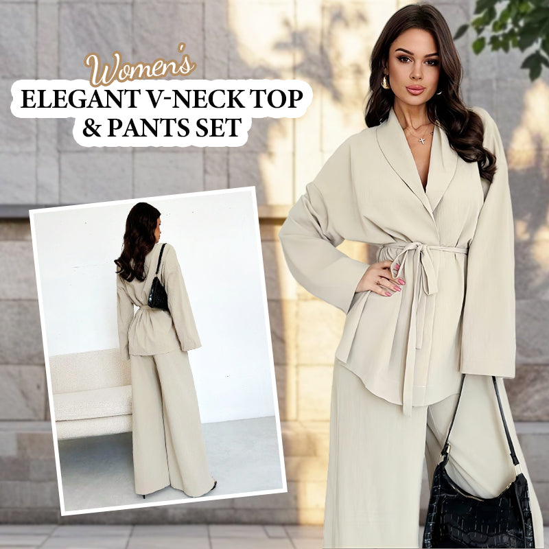 ✨50% OFF!Women’s Elegant V-Neck Top &amp; Wide-Leg Pants 2-Piece Set