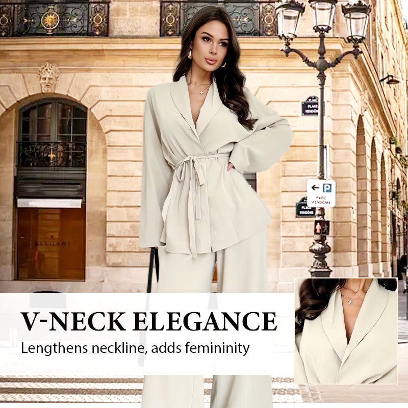 ✨50% OFF!Women’s Elegant V-Neck Top &amp; Wide-Leg Pants 2-Piece Set