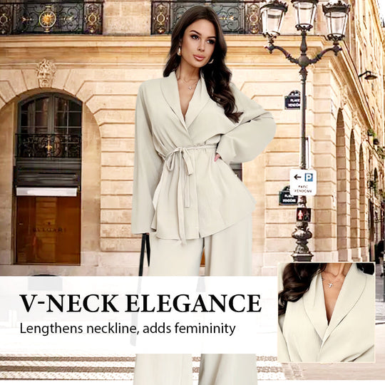 ✨50% OFF!Women’s Elegant V-Neck Top &amp; Wide-Leg Pants 2-Piece Set